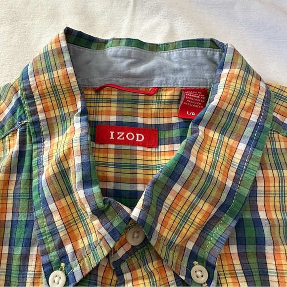 IZOD Men’s Large Long Sleeve Green, Yellow, Blue, Orange Plaid Shirt 100% Cotton - Picture 10 of 11